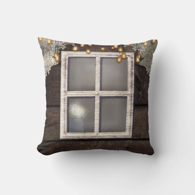 Rustic Barn Window Lace Romantic Elegant Farmhouse Throw Pillow (Front)