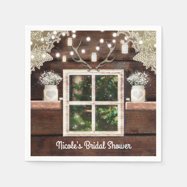 Rustic Barn Window Tree & Mason Jar Wedding Napkin (Front)