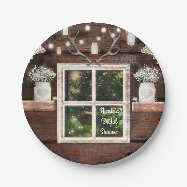 Rustic Barn Window Tree & Mason Jar Wedding Paper Plate (Front)