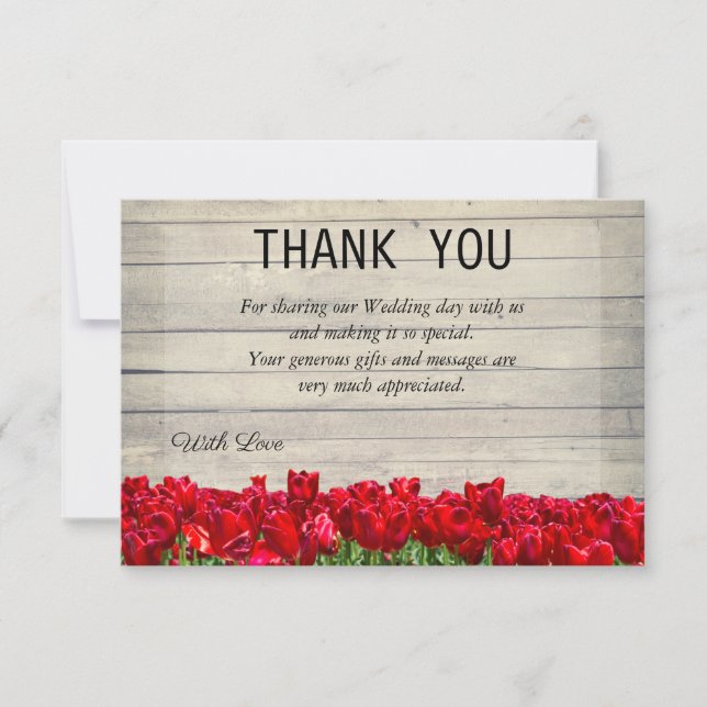 Rustic barn with red tulips thank you card (Front)
