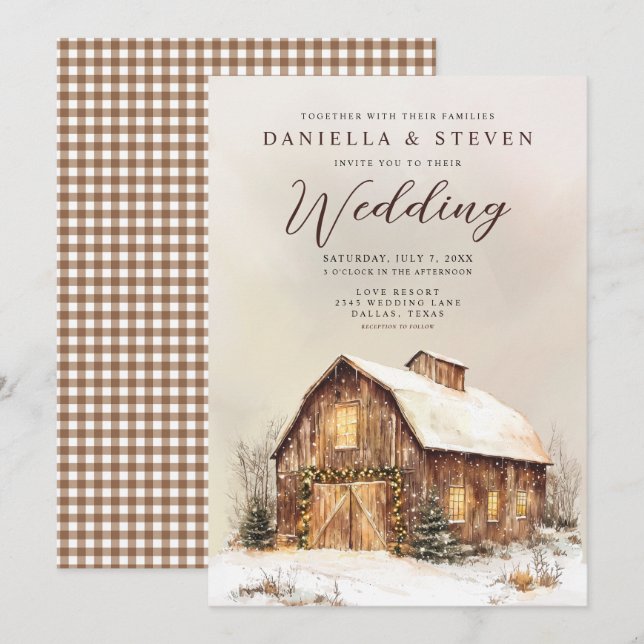 Rustic Barn with Winter Snow Wedding Invitation (Front/Back)
