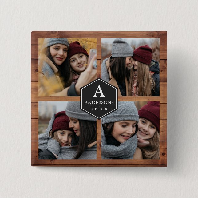 Rustic Barn Wood 4 Pictures Family Photo Collage 2 Inch Square Button (Front)