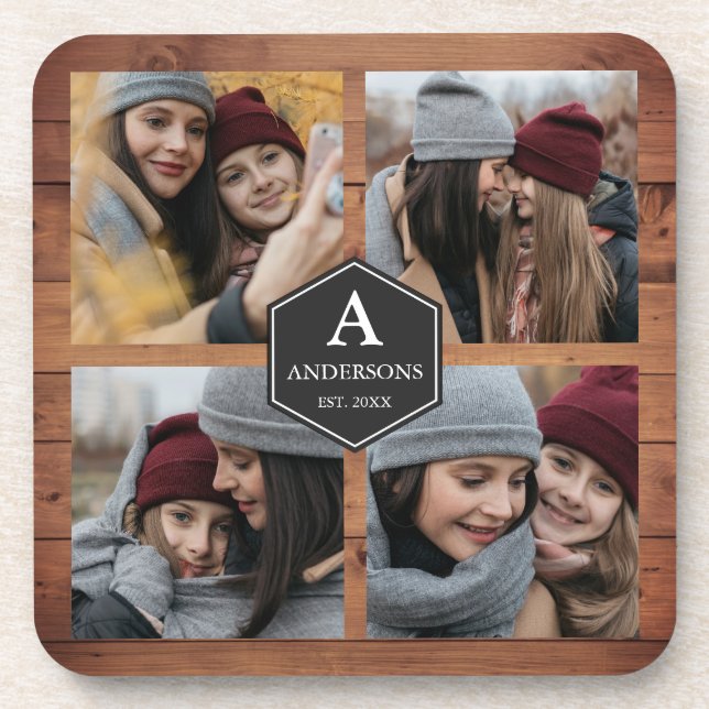 Rustic Barn Wood 4 Pictures Family Photo Collage Coaster (Front)
