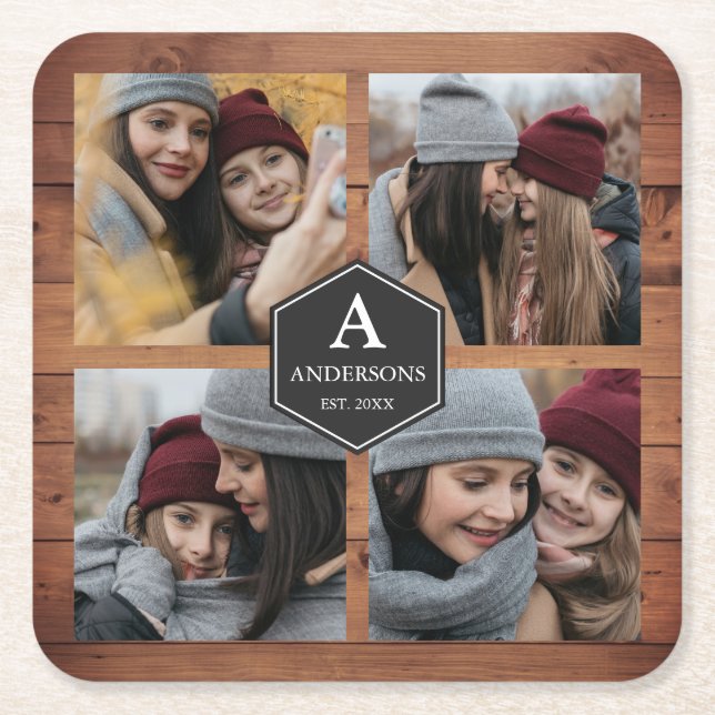 Rustic Barn Wood 4 Pictures Family Photo Collage Square Paper Coaster (Front)