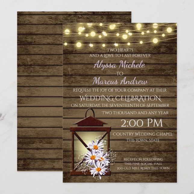 Rustic Barn Wood and Lantern with Daisies Invitation (Front/Back)