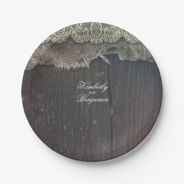 Rustic Barn Wood and Shabby Burlap Lace Old Paper Plate (Front)
