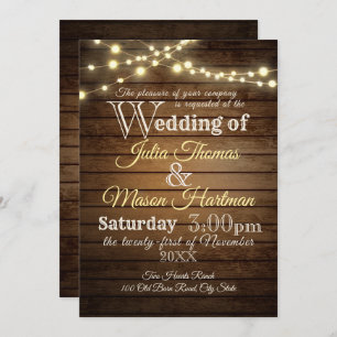 Rustic Barn Wood and String Lights Wedding Invitation