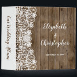 Rustic Barn Wood and White Lace Wedding Album Binder<br><div class="desc">Rustic wedding theme featuring white lace on a barn wood background. Names appear in elegant white script on the cover,  along with the wedding date in a smaller sans serif font. The spine reads "Our Wedding Album" in brown script--or customize with your own text.</div>