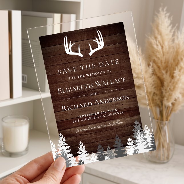 Rustic Barn Wood Antlers Wedding Save the Date Acrylic Invitations (Creator Uploaded)