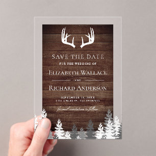 Rustic Barn Wood Antlers Wedding Save the Date Acrylic Invitations