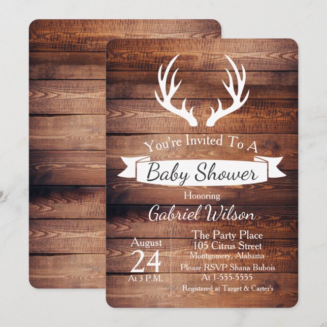 Rustic Barn Wood Antlers White Ribbon Baby Shower Invitation (Front/Back)
