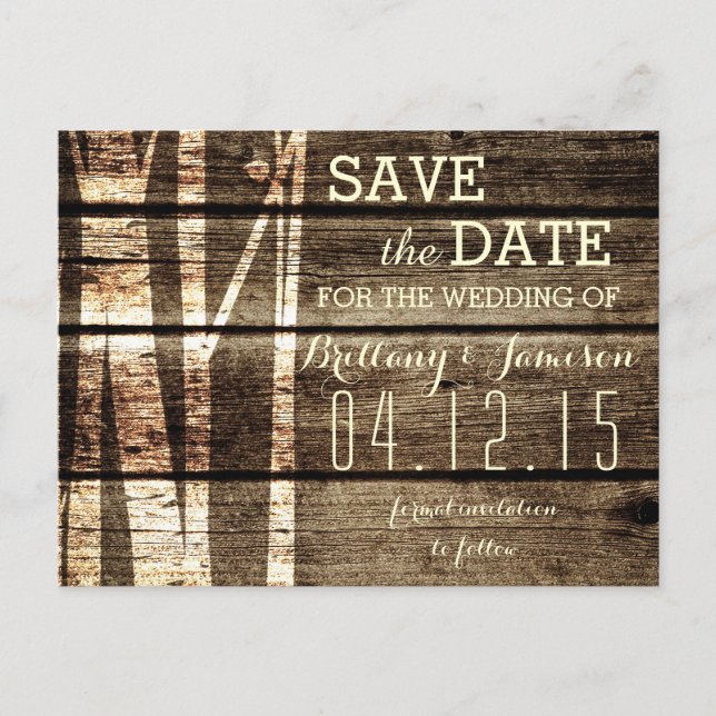 Rustic Barn Wood Birch Trees Winter Save the Date Announcement Postcard (Front)