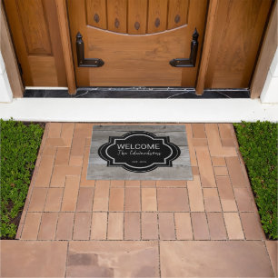 Rustic barn wood black welcome family name doormat