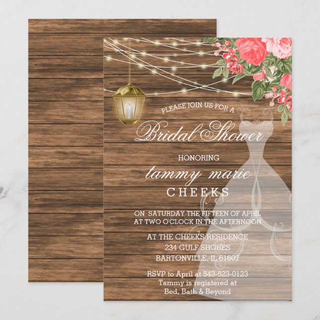 Rustic Barn Wood Bridal Shower - Coral Invitation (Front/Back)