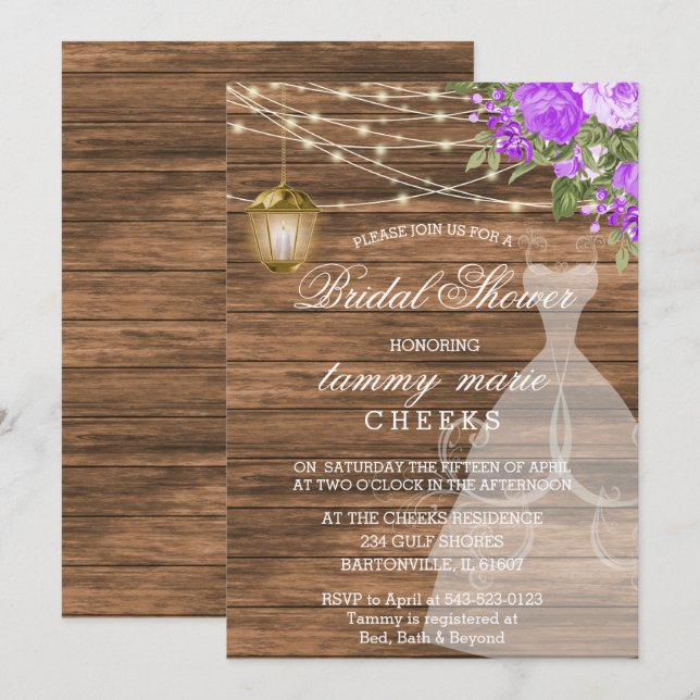 Rustic Barn Wood Bridal Shower - Purple Invitation (Front/Back)