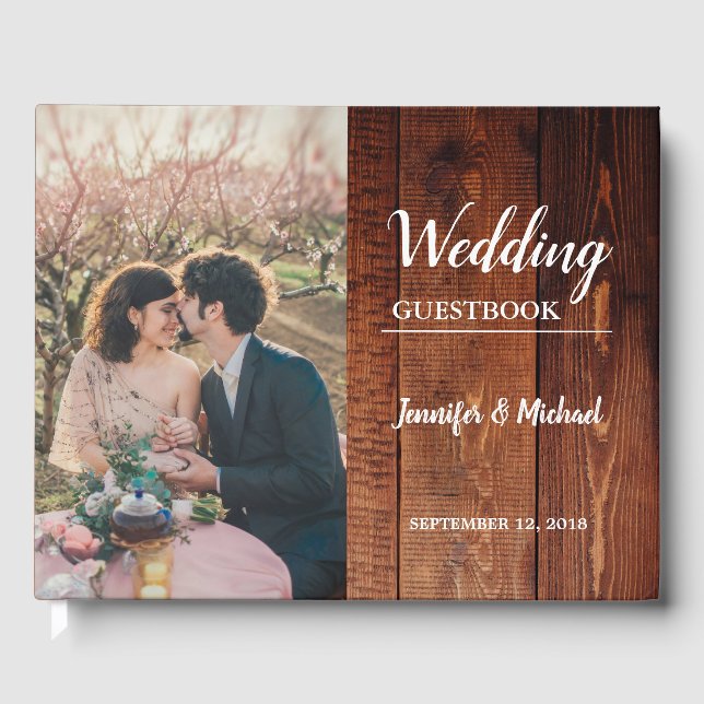 Rustic barn wood bride and groom photo Wedding Guest Book (Front)