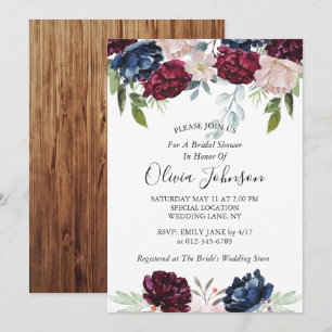 Rustic Barn Wood Burgundy Floral Bridal Shower Invitation