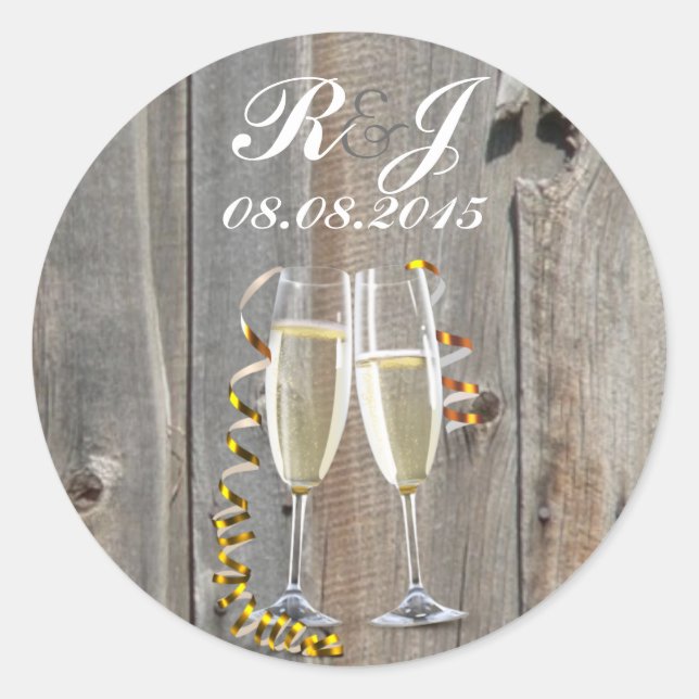 rustic barn wood champagne western country wedding classic round sticker (Front)
