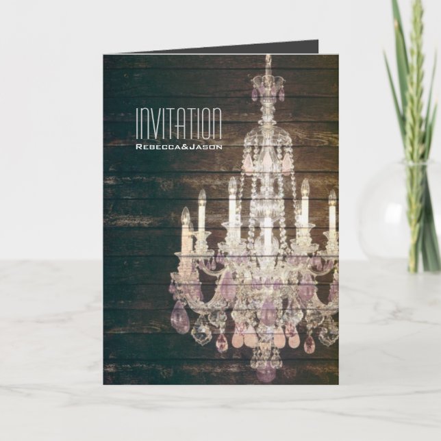 Rustic Barn Wood Chandelier wedding Invitation (Front)