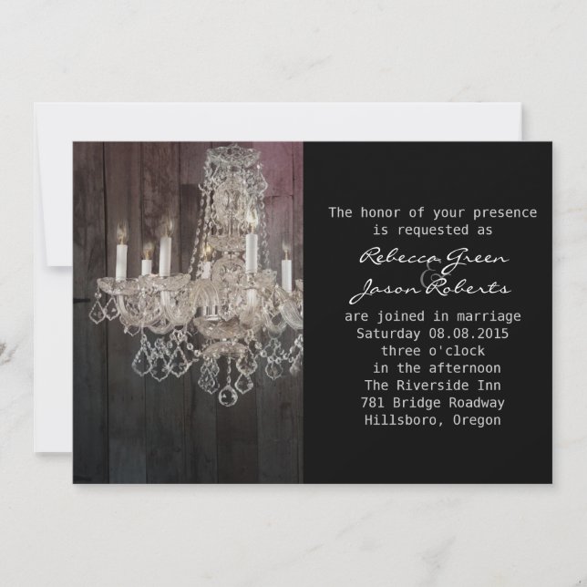 Rustic barn wood chandelier wedding invitation (Front)