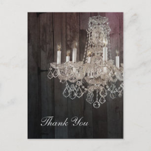 Rustic barn wood chandelier wedding thank you postcard