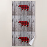 rustic barn wood christmas red buffalo plaid bear beach towel<br><div class="desc">rustic barn wood christmas red buffalo plaid bear fashion accessories. western country mama bear gifts. You can add your own name or text to customize it.</div>