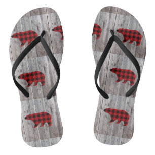 rustic barn wood christmas red buffalo plaid bear flip flops
