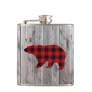 rustic barn wood christmas red buffalo plaid bear hip flask