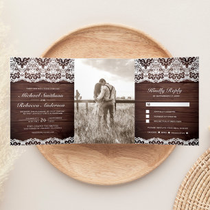 Rustic Barn Wood Country Lace All in One Wedding Tri-Fold Invitation