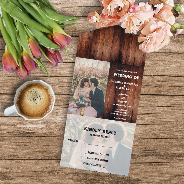 Rustic barn wood country photo Wedding All In One Invitation (Rustic country farmhouse rural photo wedding invitation and RSVP card in one.)