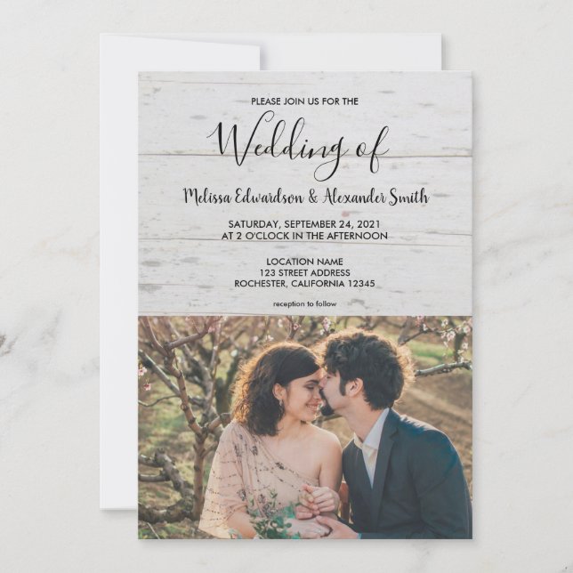 Rustic barn wood country photo wedding invitation (Front)