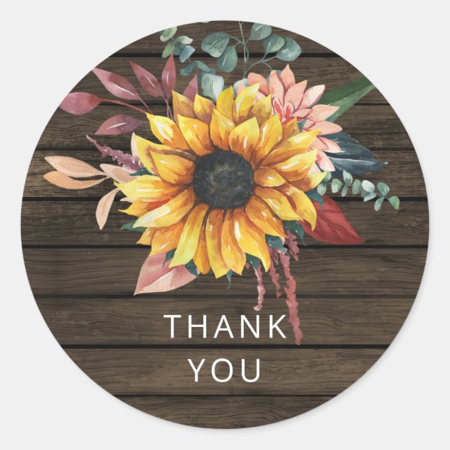Rustic Barn Wood Country Sunflowers Thank You Classic Round Sticker (Front)