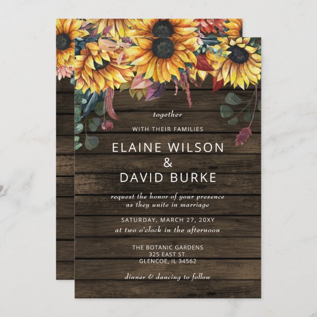 Rustic Barn Wood Country Sunflowers Wedding Invitation (Front/Back)