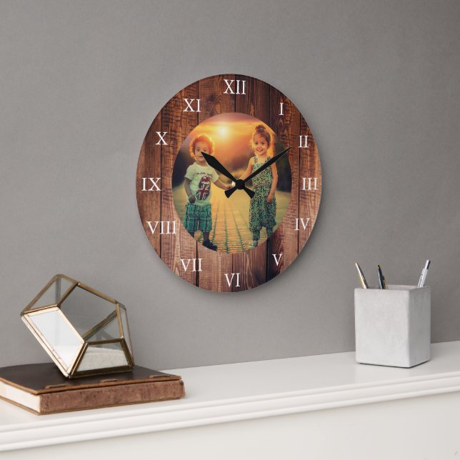 Rustic barn wood custom family photo large clock (Office)