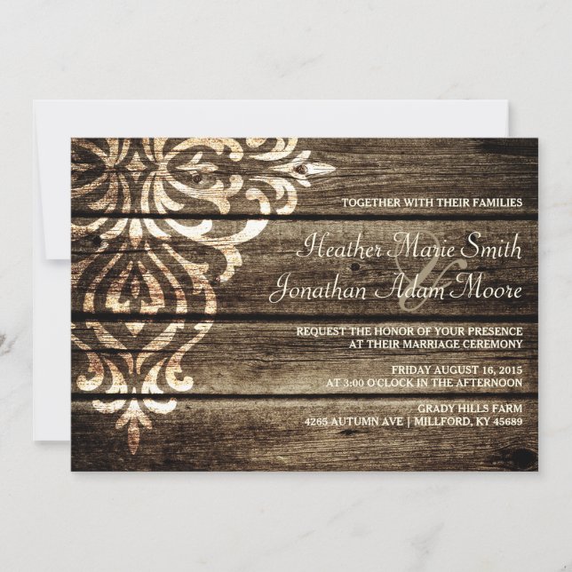 Rustic Barn Wood Damask Vintage Wedding Invitation (Front)