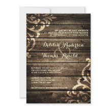 Rustic Barn Wood Damask Vintage Wedding Invitation