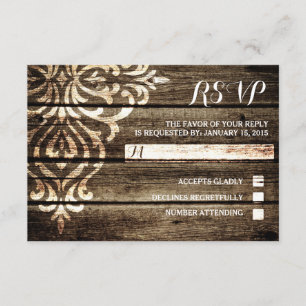 Rustic Barn Wood Damask Vintage Wedding RSVP Card