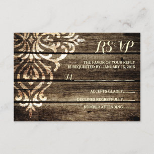 Rustic Barn Wood Damask Vintage Wedding RSVP Card