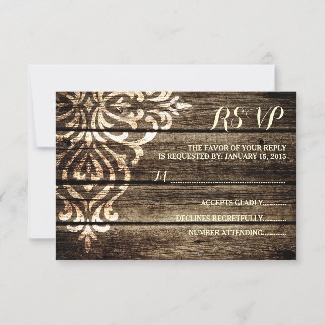 Rustic Barn Wood Damask Vintage Wedding RSVP Card (Front)