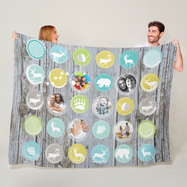 Rustic Barn Wood Deer Bear Family Photos Fleece Blanket (In Situ)