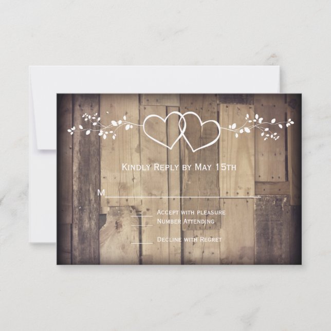 Rustic Barn Wood Double Hearts Wedding RSVP Cards (Front)
