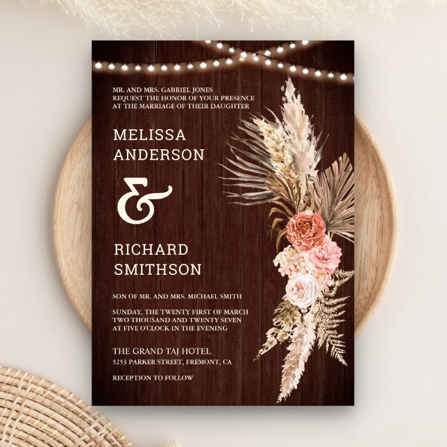 Rustic Barn Wood Earthy Floral Boho Pampas Wedding Invitation (Creator Uploaded)