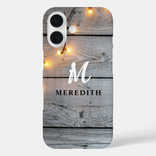 Rustic Barn Wood Elegance String Lights Monogram  iPhone 16 Case
