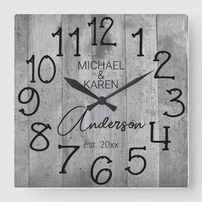 Rustic Barn Wood Farmhouse Custom Family Name Squa Square Wall Clock (Front)