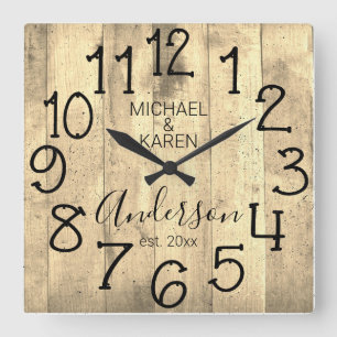 Rustic Barn Wood Farmhouse Custom Family Name Square Wall Clock