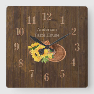 Rustic  Barn Wood Farmhouse Hat Sunflowers Square Wall Clock