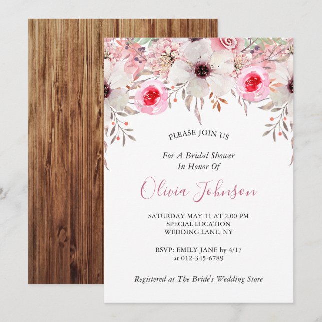 Rustic Barn Wood Floral Blush Pink Bridal Shower Invitation (Front/Back)