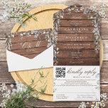 Rustic Barn Wood Floral Greenery QR Code Wedding All In One Invitation<br><div class="desc">An all-in-one wedding invitation features a beautiful floral greenery cascade,  elegant typography,  and monogram initials on a background of rustic barn wood panels. The invitation includes a perforated RSVP card with your wedding website QR code and details. Designed by Thisisnotme©</div>