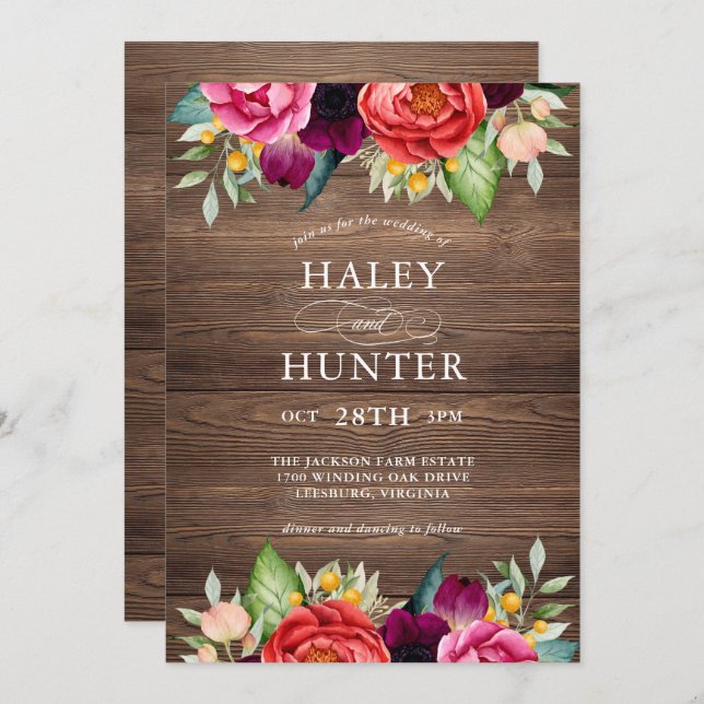 Rustic Barn Wood Floral Wedding Invitation (Front/Back)
