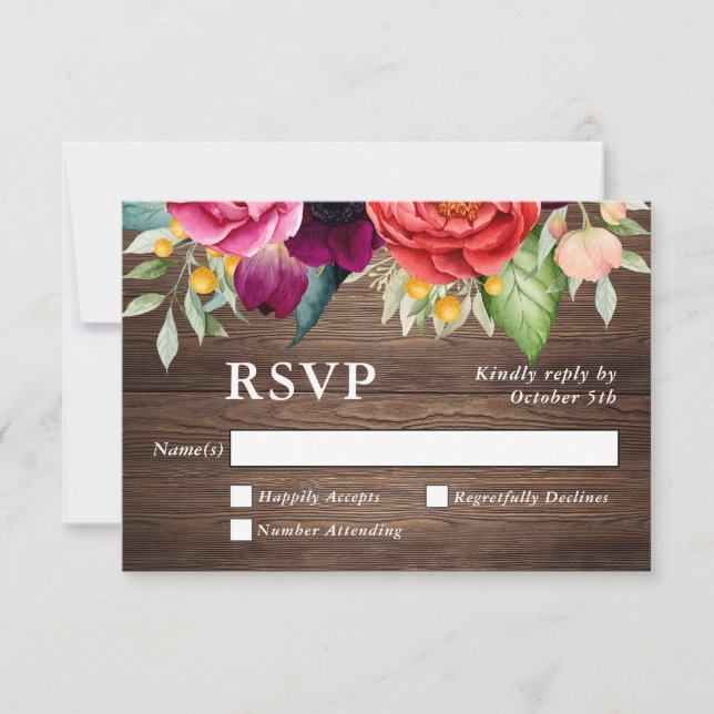 Rustic Barn Wood Floral Wedding RSVP (Front)